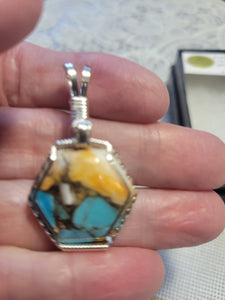 Custom Cut Polished Kingman Turquoise Spiney Oyster & Bronze Necklace/Pendant Sterling Silver