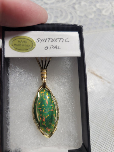 Custom Cut Polished & Wire Wrapped Synthetic Green Opal Necklace/Pendant 14 Kgf