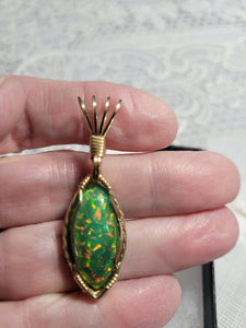 Custom Cut Polished & Wire Wrapped Synthetic Green Opal Necklace/Pendant 14 Kgf
