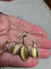 Load image into Gallery viewer, Custom Wire Wrapped Tan Cat&#39;s Eye, Fiberstone set: Earrings, Necklace/Pendant Sterling Silver
