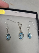 Load image into Gallery viewer, Custom Wire Wrapped Faceted Swiss Blue Topaz Set: Necklace/Pendant Earrings Sterling Silver