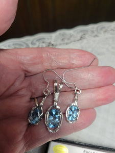 Custom Wire Wrapped Faceted Swiss Blue Topaz Set: Necklace/Pendant Earrings Sterling Silver