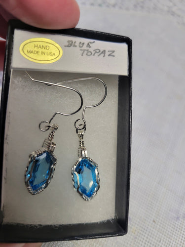 Custom Wire Wrapped Faceted Blue Topaz Earrings 8 ct Sterling Silver