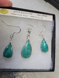 Custom Cut Polished & Wire Wrapped Amazonite Morefield Mine VA Set: Necklace/Pendant Earring Sterling Silver