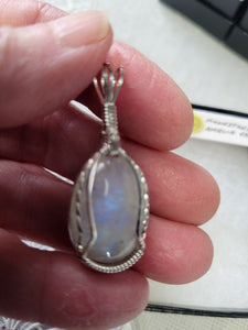Custom Cut Polished & Wire Wrapped Moonstone Necklace/Pendant Sterling Silver