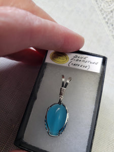 Custom Wire Wrapped Blue Fiberstone (Cats Eye) Necklace/Pendant Sterling Silver