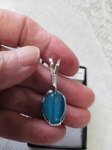 Custom Wire Wrapped Blue Fiberstone (Cats Eye) Necklace/Pendant Sterling Silver