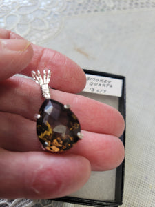 Custom Wire Wrapped 13 ct Faceted Smokey Quartz Necklace/Pendant Sterling Silver