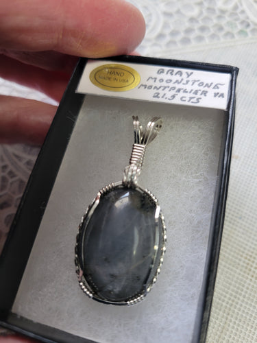 Custom Cut Polished & Wire Wrapped Gray Moonstone Montpelier VA Necklace/Pendant Sterling Silver