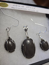 Load image into Gallery viewer, Custom Cut Polished &amp; Wire Wrapped VA Tech Gray Quarry Hokie Stone Set: Necklace/Pendant  Earrings Sterling Silver
