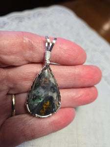 Custom Wire Wrapped Blue Opalized Wood with cooper Necklace/Pendant Sterling Silver