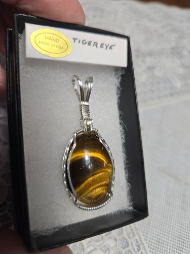Custom Wire Wrapped Tiger Eye Necklace/Pendant Sterling Silver