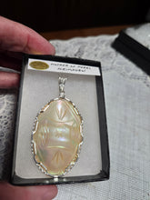 Load image into Gallery viewer, Custom Wire Wrapped Mother of Pearl with Scrimshaw Carving Necklace/Pendant Sterling Silver