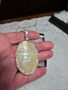 Custom Wire Wrapped Mother of Pearl with Scrimshaw Carving Necklace/Pendant Sterling Silver