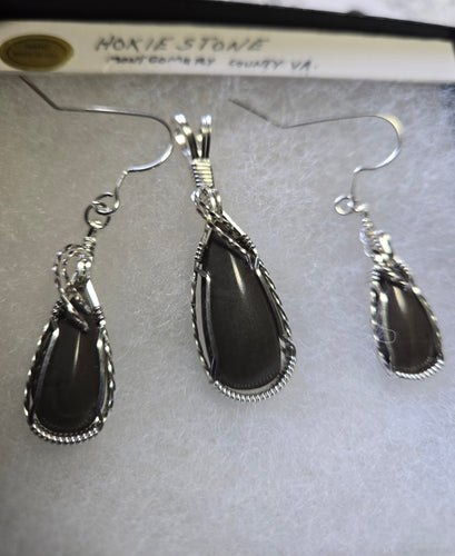 Custom Wire Wrapped Hokie Stone From Virginia Tech Gray Quarry Set: Earrings Necklace Pendant Sterling Silver