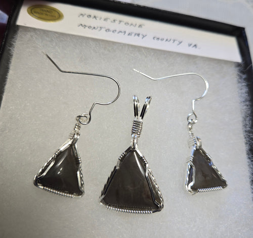 Custom Cut & Polished Hokie Stone From Virginia Tech Gray Quarry Set: Earrings, Necklace/Pendant Sterling Silver