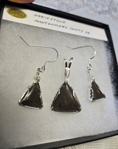 Custom Cut & Polished Hokie Stone From Virginia Tech Gray Quarry Set: Earrings, Necklace/Pendant Sterling Silver