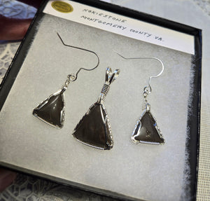 Custom Cut & Polished Hokie Stone From Virginia Tech Gray Quarry Set: Earrings, Necklace/Pendant Sterling Silver