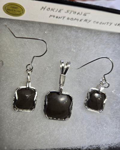 Custom Wire Wrapper Polished Hokie Stone Virginia Tech Gray Quarry Set: Earrings, Necklace/Pendant Sterling Silver