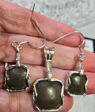 Load image into Gallery viewer, Custom Wire Wrapper Polished Hokie Stone Virginia Tech Gray Quarry Set: Earrings, Necklace/Pendant Sterling Silver