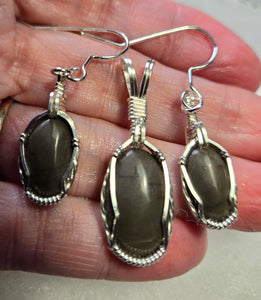 Custom Wire Wrapped Polished Hokie Stone Virginia Tech Gray Quarry Set: Earrings, Necklace/Pendant Sterling Silver