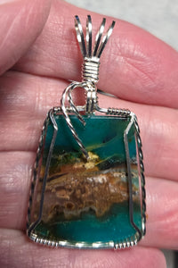 Custom Wire Wrapped Blue Opalized Petrified Wood Necklace/Pendant Sterling Silver