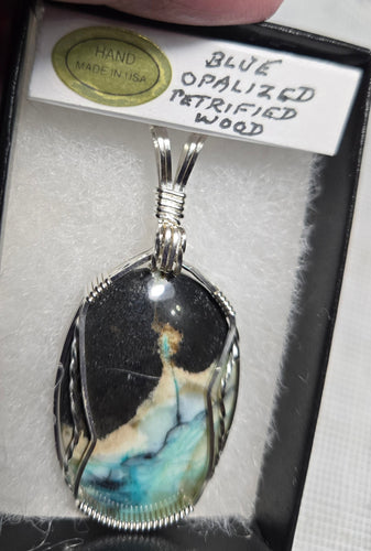 Custom Wire Wrapped Blue Opalized Petrified Wood Necklace/Pendant Sterling Silver