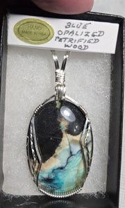 Custom Wire Wrapped Blue Opalized Petrified Wood Necklace/Pendant Sterling Silver