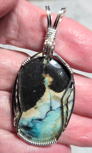 Custom Wire Wrapped Blue Opalized Petrified Wood Necklace/Pendant Sterling Silver