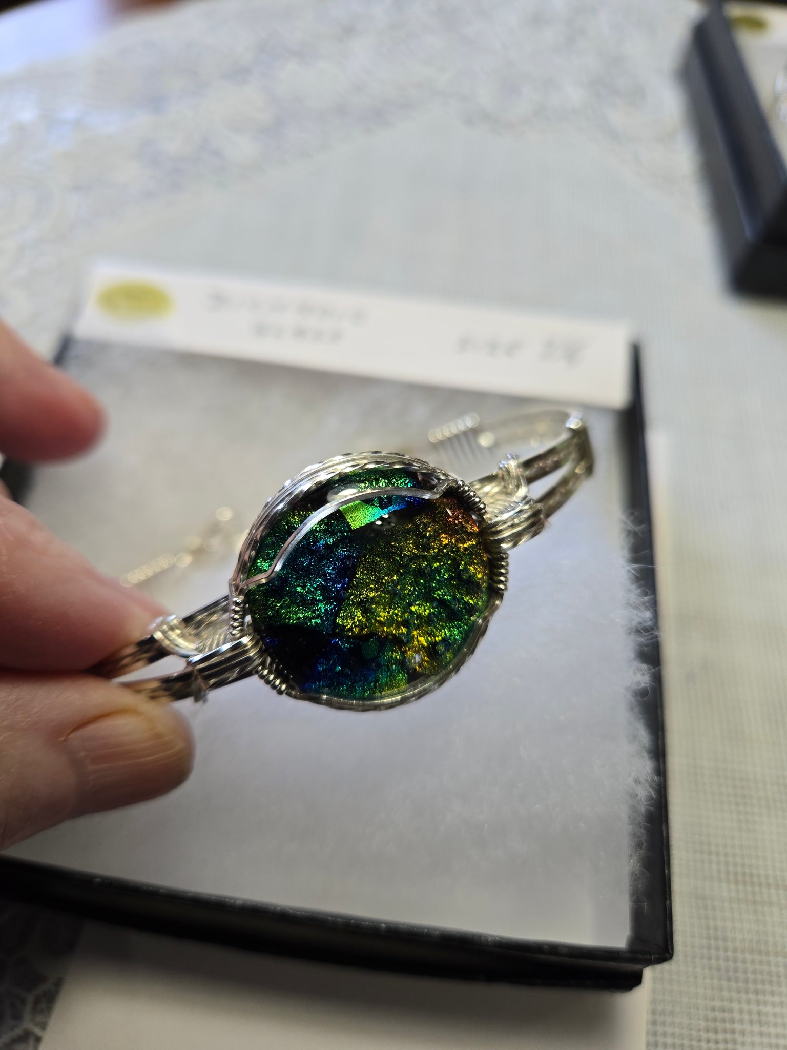 Custom Wire Wrapped Dichroic Glass Bracelet 7 1 4 Sterling Silver Treasure Tree Wire Wrapped Jewelry