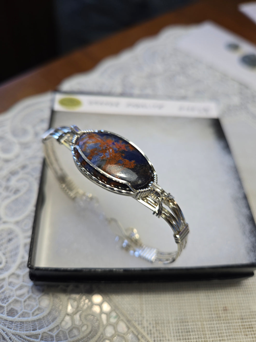 Custom Cut Polished & Wire Wrapped Orange Sodalite Bracelet Size 6 3/4 Sterling Silver