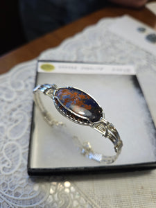 Custom Cut Polished & Wire Wrapped Orange Sodalite Bracelet Size 6 3/4 Sterling Silver