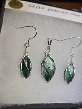 Load image into Gallery viewer, Custom Cut Polished &amp; Wire Wrapped Green Bridewell Stone Set: Necklace/Pendant Earrings Sterling Silver