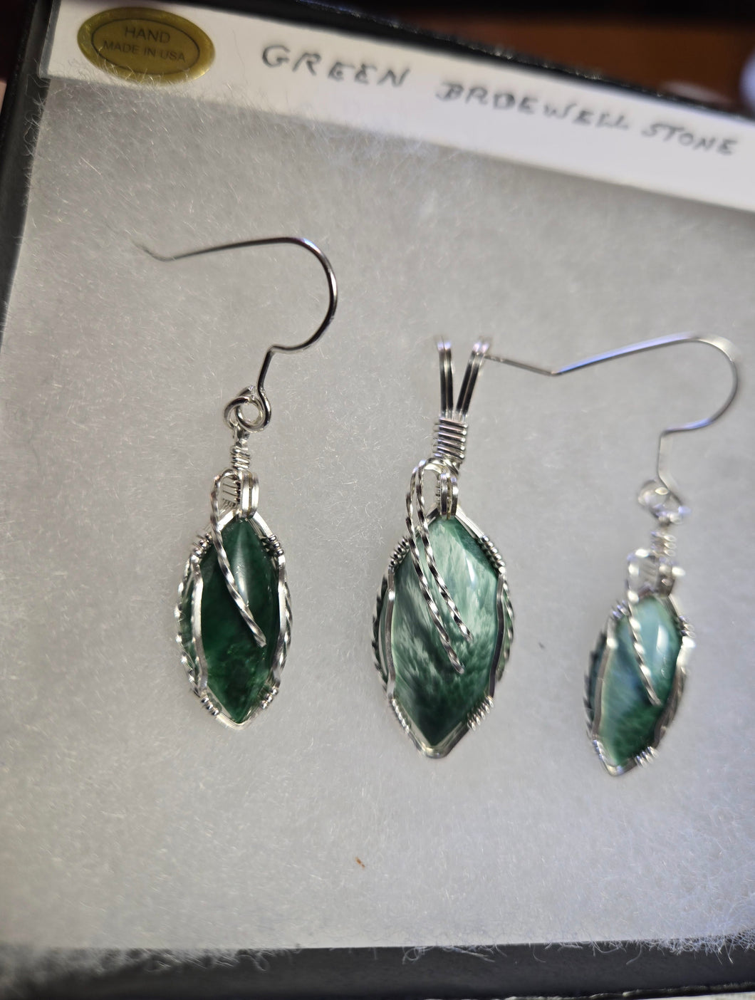 Custom Cut Polished & Wire Wrapped Green Bridewell Stone Set: Necklace/Pendant Earrings Sterling Silver