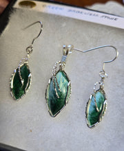 Load image into Gallery viewer, Custom Cut Polished &amp; Wire Wrapped Green Bridewell Stone Set: Necklace/Pendant Earrings Sterling Silver