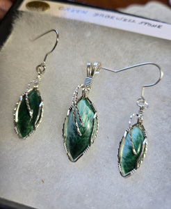 Custom Cut Polished & Wire Wrapped Green Bridewell Stone Set: Necklace/Pendant Earrings Sterling Silver