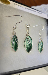 Custom Cut Polished & Wire Wrapped Green Bridewell Stone Set: Necklace/Pendant Earrings Sterling Silver