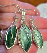 Load image into Gallery viewer, Custom Cut Polished &amp; Wire Wrapped Green Bridewell Stone Set: Necklace/Pendant Earrings Sterling Silver