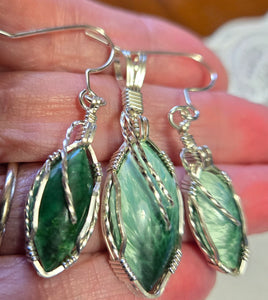 Custom Cut Polished & Wire Wrapped Green Bridewell Stone Set: Necklace/Pendant Earrings Sterling Silver