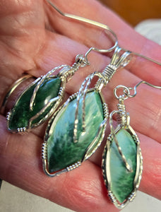 Custom Cut Polished & Wire Wrapped Green Bridewell Stone Set: Necklace/Pendant Earrings Sterling Silver