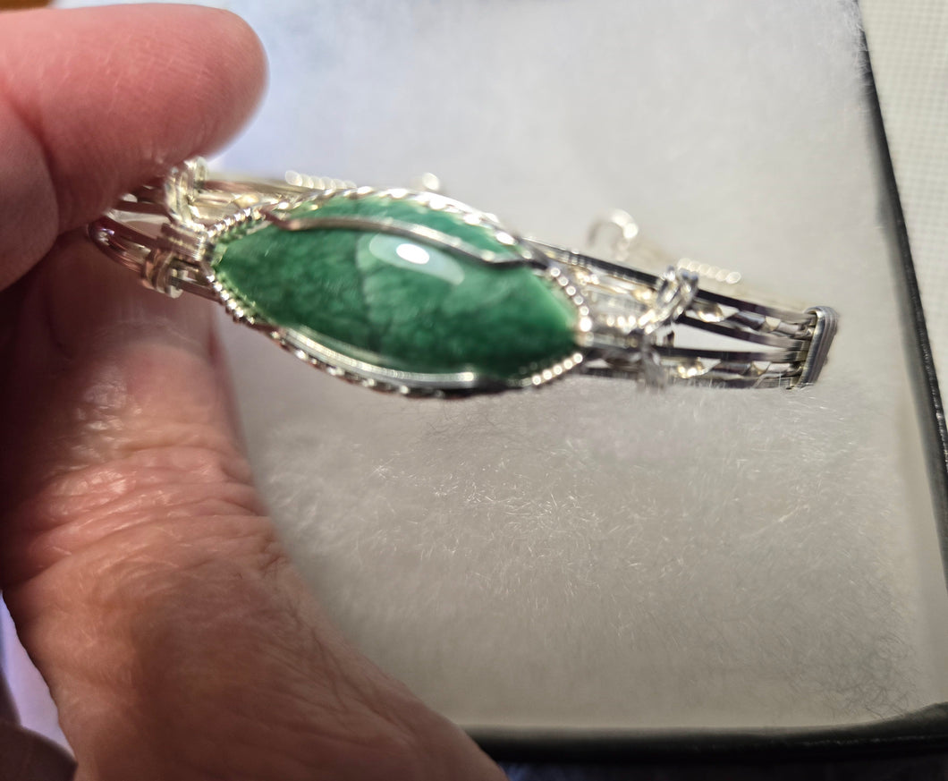 Custom Cut Polished & Wire Wrapped Green Bridewell Stone Bracelet Size 7 Sterling Silver