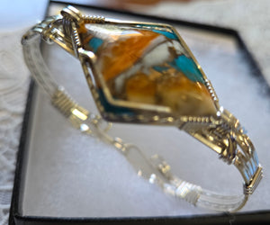 Custom Cut Polished Wire Wrapped Spiney Oyster Turquoise &amp; Bronze Bracelet Size 7 Sterling Silver