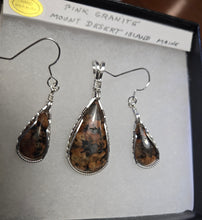 Load image into Gallery viewer, Custom Cut Polished &amp; Wire Wrapped Pink Granite Mt. Desert Island Maine Set: Necklace/Pendant Earrings Sterling Silver