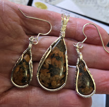 Load image into Gallery viewer, Custom Cut Polished &amp; Wire Wrapped Pink Granite Mt. Desert Island Maine Set: Necklace/Pendant Earrings Sterling Silver