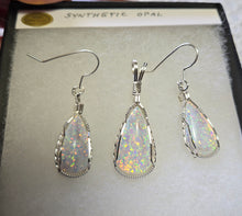 Load image into Gallery viewer, Custom Cut Polished &amp; Wire Wrapped Synthetic Opal Set: Necklace/Pendant Earrings Sterling Silver