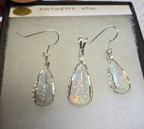 Custom Cut Polished & Wire Wrapped Synthetic Opal Set: Necklace/Pendant Earrings Sterling Silver
