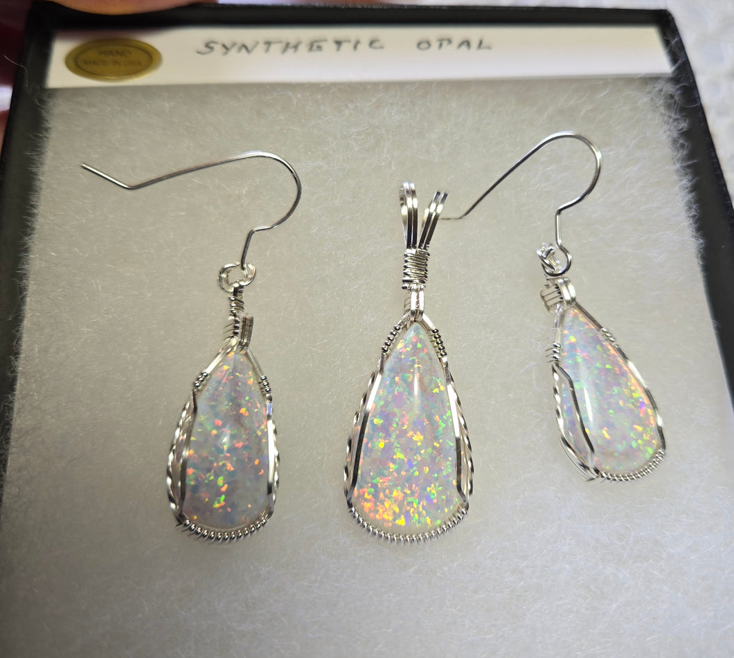 Custom Cut Polished & Wire Wrapped Synthetic Opal Set: Necklace/Pendant Earrings Sterling Silver