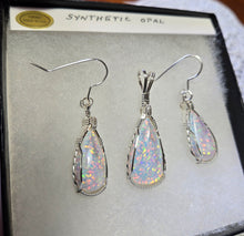 Load image into Gallery viewer, Custom Cut Polished &amp; Wire Wrapped Synthetic Opal Set: Necklace/Pendant Earrings Sterling Silver