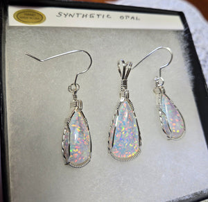 Custom Cut Polished & Wire Wrapped Synthetic Opal Set: Necklace/Pendant Earrings Sterling Silver