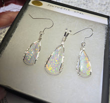 Load image into Gallery viewer, Custom Cut Polished &amp; Wire Wrapped Synthetic Opal Set: Necklace/Pendant Earrings Sterling Silver